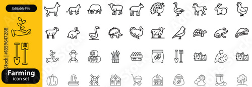 Farming line icon set. Vector pictograms of chicken, eggs incubator, henhouse, feeding equipment, free-range, rooster, agriculture, organic farm thin linear illustration