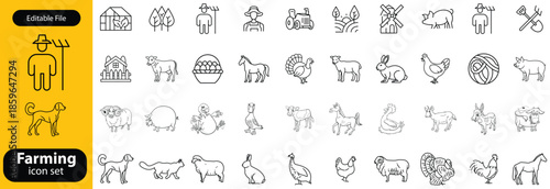 Farming line icon set. Vector pictograms of chicken, eggs incubator, henhouse, feeding equipment, free-range, rooster, agriculture, organic farm thin linear illustration