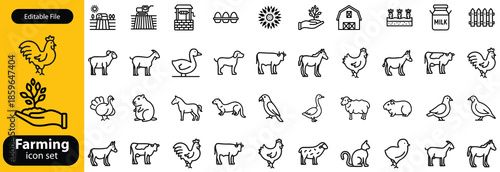 Farming line icon set. Vector pictograms of chicken, eggs incubator, henhouse, feeding equipment, free-range, rooster, agriculture, organic farm thin linear illustration
