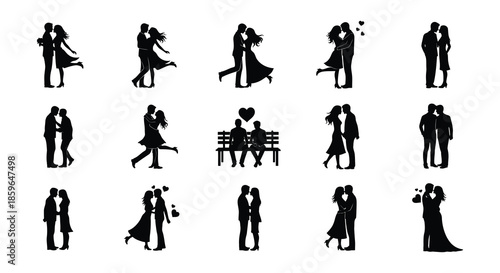 Silhouettes of couples embracing and romantic scenes in a minimalist style