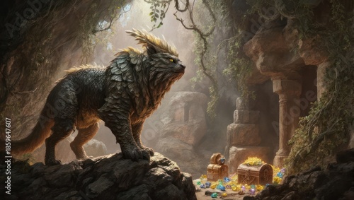 Guardian of the Treasure - A Majestic Lion in a Hidden Cave.