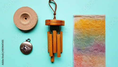 Artistic Still Life Composition Featuring a Wind Chime, Clay Pot, Pendant, and Dyed Fabric on a Turquoise Surface, Evoking a Sense of Craft and Serenity