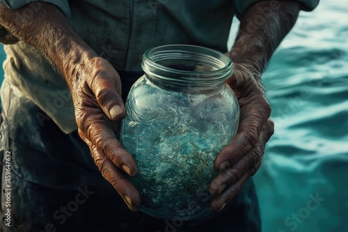 Man holding a jar of water with seaweed inside