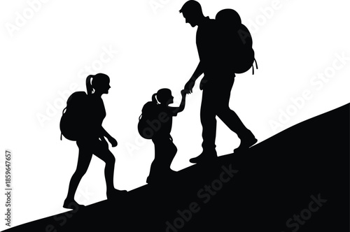 Silhouettes of a family hiking uphill. Father and daughter climbing with backpacks, holding hands. Outdoor adventure and parental support concept.