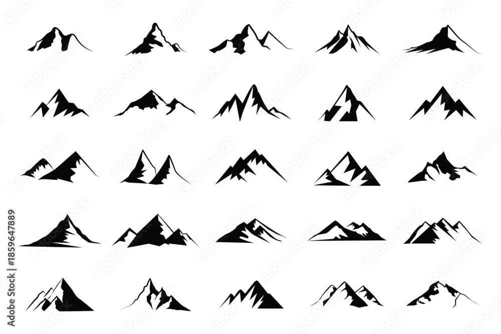 Fototapeta premium Set of diverse mountain peak icons and landscape silhouettes, Mountain Peak Silhouette Icon Set – Minimal Nature Landscape, Alpine Summit and Hiking Mountain Black Vector Collection .eps10