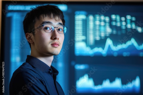 Young Asian businessman analyzing data on screen with graphs and charts in background