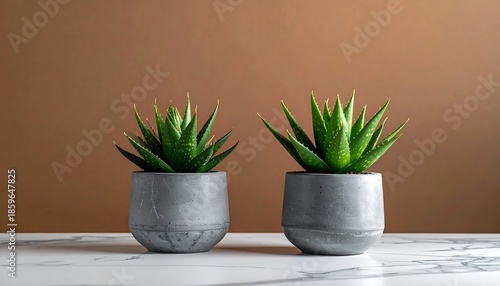 Two succulents in grey pots on a marble surface
