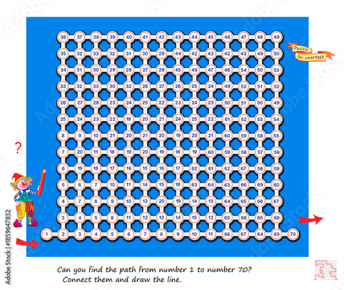 Can you find the path from number 1 to number 70? Connect them and draw the line. Educational page. Logic puzzle game. Brain teaser book. Kids activity sheet. Best labyrinths. Hand drawn vector.
