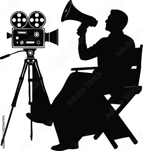 Film production silhouette. Director shouting into megaphone. Vintage cinematography elements included.