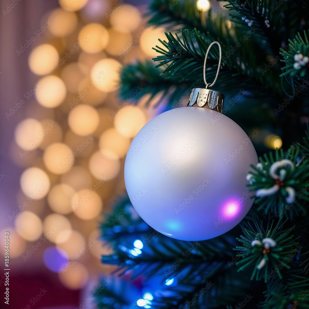 Fototapeta premium A close-up of a white Christmas ornament hanging on a green pine tree