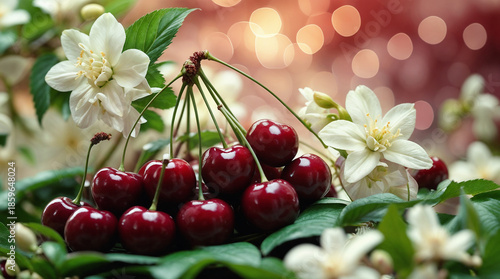 A cluster of juicy red cherries surrounded by white flowers and green leaves