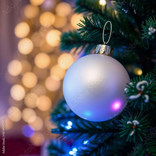 A close-up of a white Christmas ornament hanging on a green pine tree