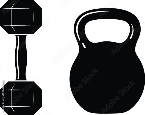 Fitness equipment icons. Dumbbells and kettlebell designs. Exercise and workout concept.