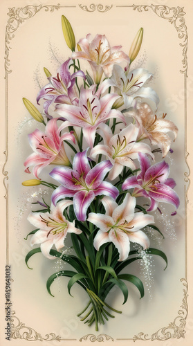 A beautiful bouquet of pink and white lilies arranged elegantly