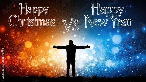 Silhouette celebrates choice between Christmas and New Year against festive sky