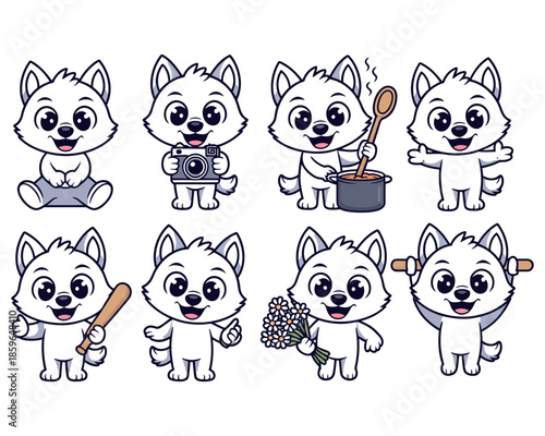 Eight cartoon white wolf characters in various poses and activities cute