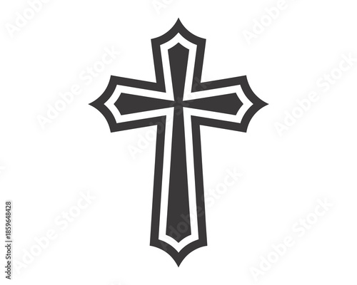 Ornate dark gray cross symbol with white outline on white background christian religion