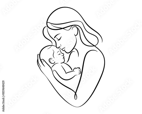 Mother holding sleeping baby in minimalist black line style child infant