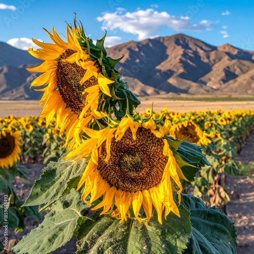 Two sunflowers in a field, mountains in the background