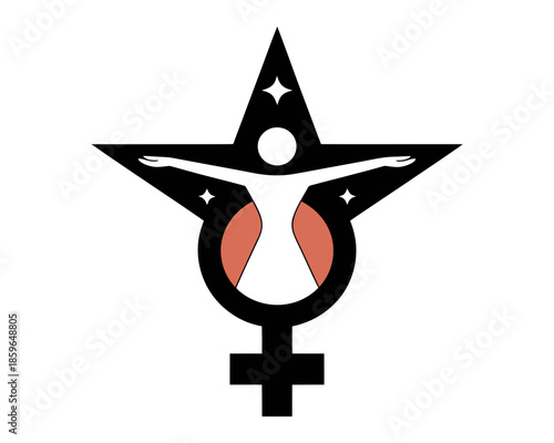 Black star symbol with white human figure and female symbol