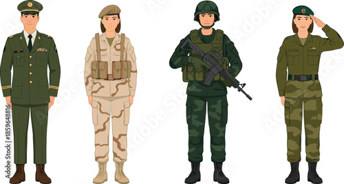 Military Soldiers Uniforms Collection Featuring Male and Female Army Personnel in Different Combat and Service Outfits, Flat Vector Illustration for Defense and Security Design