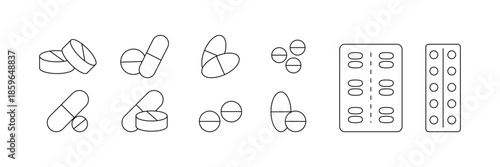 Minimal Medicine Pills Line Icons Set, Pharmaceutical Capsules and Tablets Outline Collection, Healthcare Drug Symbols for Medical Design and Pharmacy Use