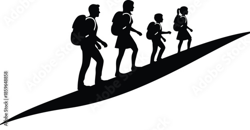 Hiking journey silhouettes. Family trekking on a path. Adventure and outdoor exploration concept.