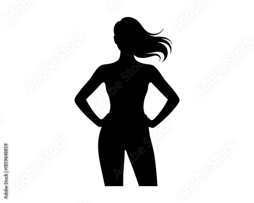 Black silhouette of a woman with flowing hair standing with hands on hips female white