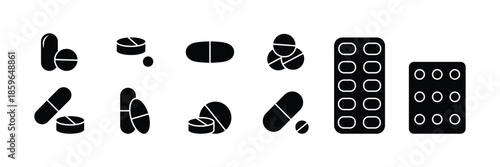 Minimal Medicine Pills Line Icons Set, Pharmaceutical Capsules and Tablets Outline Collection, Healthcare Drug Symbols for Medical Design and Pharmacy Use
