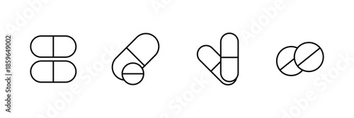 set for medical use . Capsule, Tablet, Drug Dosage Symbols. Pharmacy, Healthcare Treatment, Medical capsule pill line icon . eps10