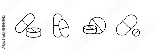 Four Medical Pill and Capsule Icons Pack  Pharmacy Medication Tablet Outline Symbol Set for Healthcare and Pharmaceutical Design on white background.eps10