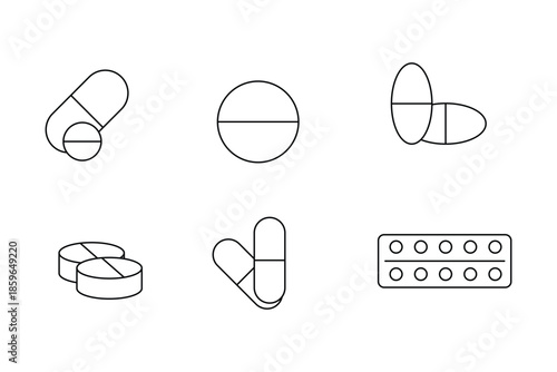 Medicine Pill and Capsule Line Icon Set  Pharmaceutical Drug, Tablet and Healthcare Outline Vector Symbols . Medical Tablet  Outline Vector Icon Set. eps10