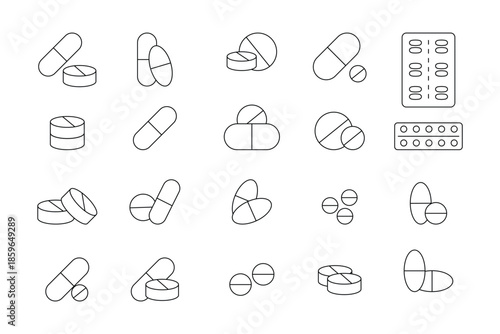 Set of Medicine and Pill Line Icons – Minimal Outline Tablets, Capsules, and Blister Pack Symbols for Healthcare, Pharmacy, and Medical Design.eps10
