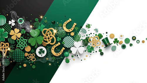 St. Patrick's Day decorations with green and gold elements on white  