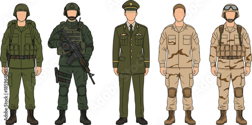 Military Soldier Uniforms Collection Showing Different Army Ranks and Combat Gear, Detailed Flat Vector Illustration for Defense, Security, and Education Design Projects