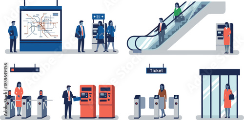 Flat Vector Illustration Set of Commuters in Modern Subway Station Featuring Transit Maps Ticket Vending Machines Escalators and Automated Gate Entry