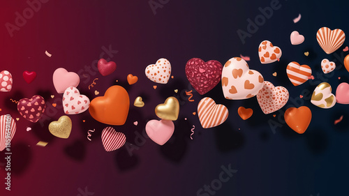 Colorful hearts in various patterns floating on dark background  