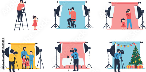 Collection of professional photographers working in studios with lighting equipment taking photos of families children and Christmas trees for media production