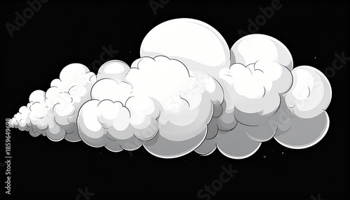 Stylized cartoon comic book style smoke puff or cloud trail illustration. Puffy white steam, dust, or vapor explosion element isolated on a black background for dynamic speed effect overlay.