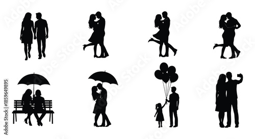 Collection of romantic couple silhouettes depicting love affection and togetherness