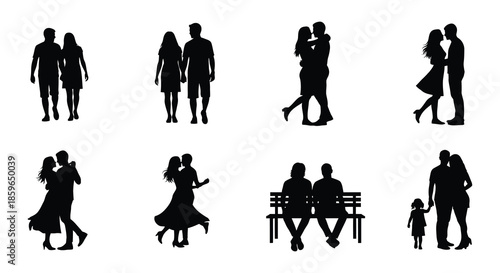 Collection of romantic couple silhouettes depicting love affection and togetherness