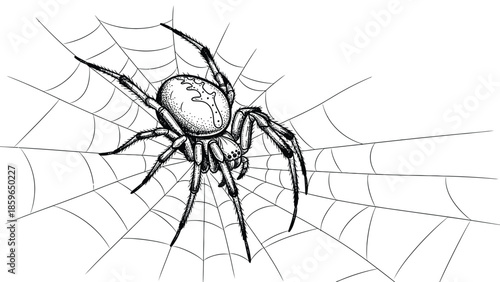 Intricate Spider On Web: Detailed Black And White Illustration For Nature, Science, And Horror Stock