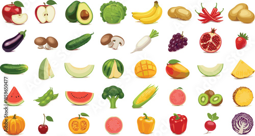 Fresh Fruits and Vegetables Collection Icons Set, Colorful Flat Vector Illustration for Healthy Food, Nutrition Concepts, Grocery Design, and Cooking Projects