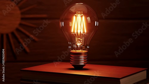 Lightbulb on Books with Sunburst Background