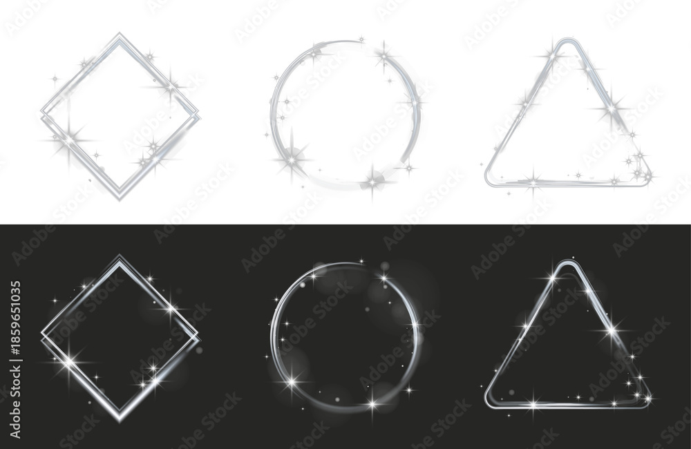 Obraz premium lowing silver light frames and geometric shapes with sparkle and bokeh on a transparent background, PNG.