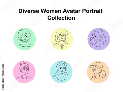 Female Face Avatar Line Icons Set for User Profiles