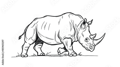 Powerful Rhinoceros Drawing: Bold Line Art Illustration Of A Walking Rhino In Grass