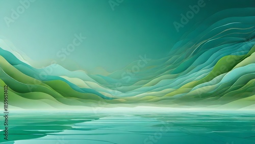 Inspirational Workspace Desktop Wallpaper with Soft Gradient Serene abstract hills reflected on calm water in soft green tones This image was created using AI based on my original prompt.