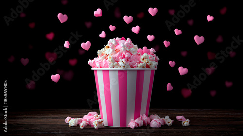 Bucket of pink and white popcorn with floating heart shapes on dark background, creating a playful and romantic American movie night or Valentine's Day concept