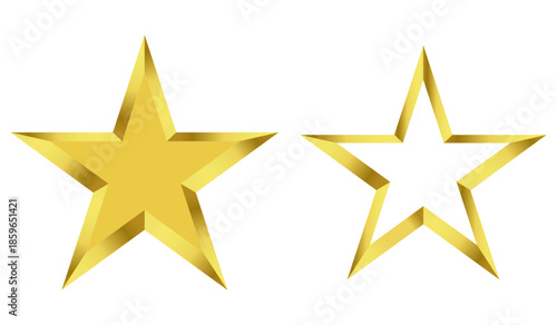 Golden star icons set with filled and outline styles, shiny 3D look. Ideal for ratings, awards, reviews, achievements, UI design, apps, websites, and branding elements.